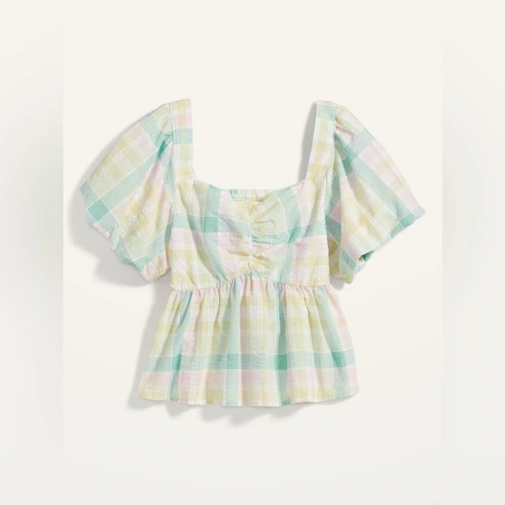 OLD NAVY NWT New With Tags Puff Sleeve Smocked Seersucker Babydoll Swing Blouse